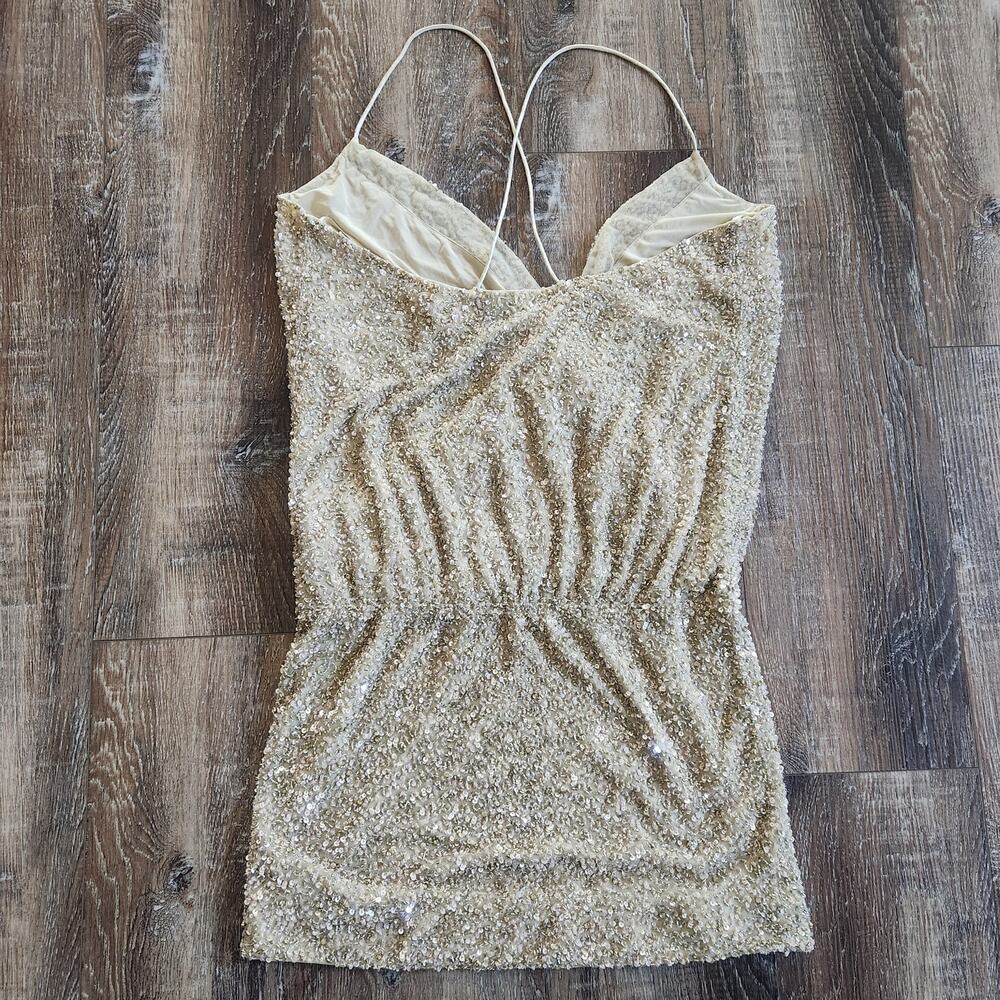 Retrofete Mini Sequin Dress Faux Wrap Sleeveless Tan/Brown Size Medium - Picture 5 of 9